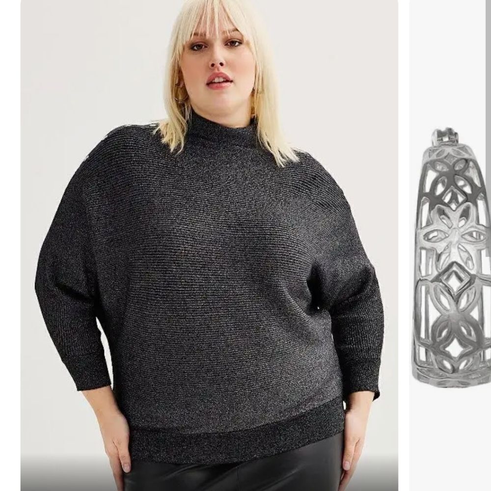 Philosophy Mock Neck Sweater with Dolman Sleeves in Black & Silver Metallic